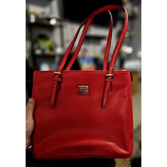 Anne Klein Red Pebbled Tote Bag Purse Handbag interior Pockets, Zip Gold Accents - Picture 1 of 6